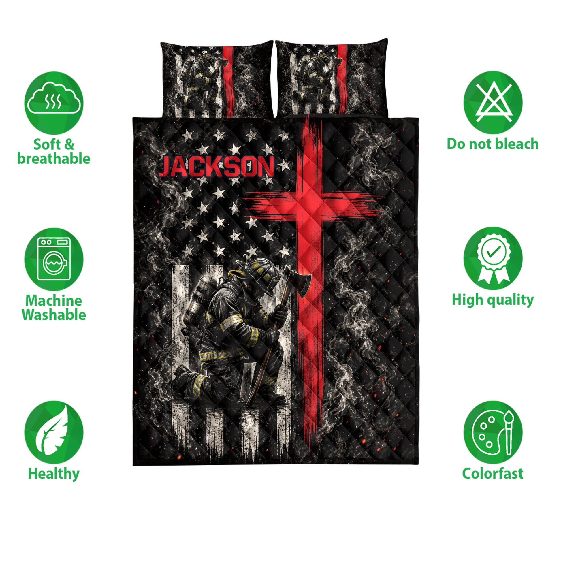 Firefighter quilt bedding set shown with bold black, red, and white artwork and surrounding feature icons