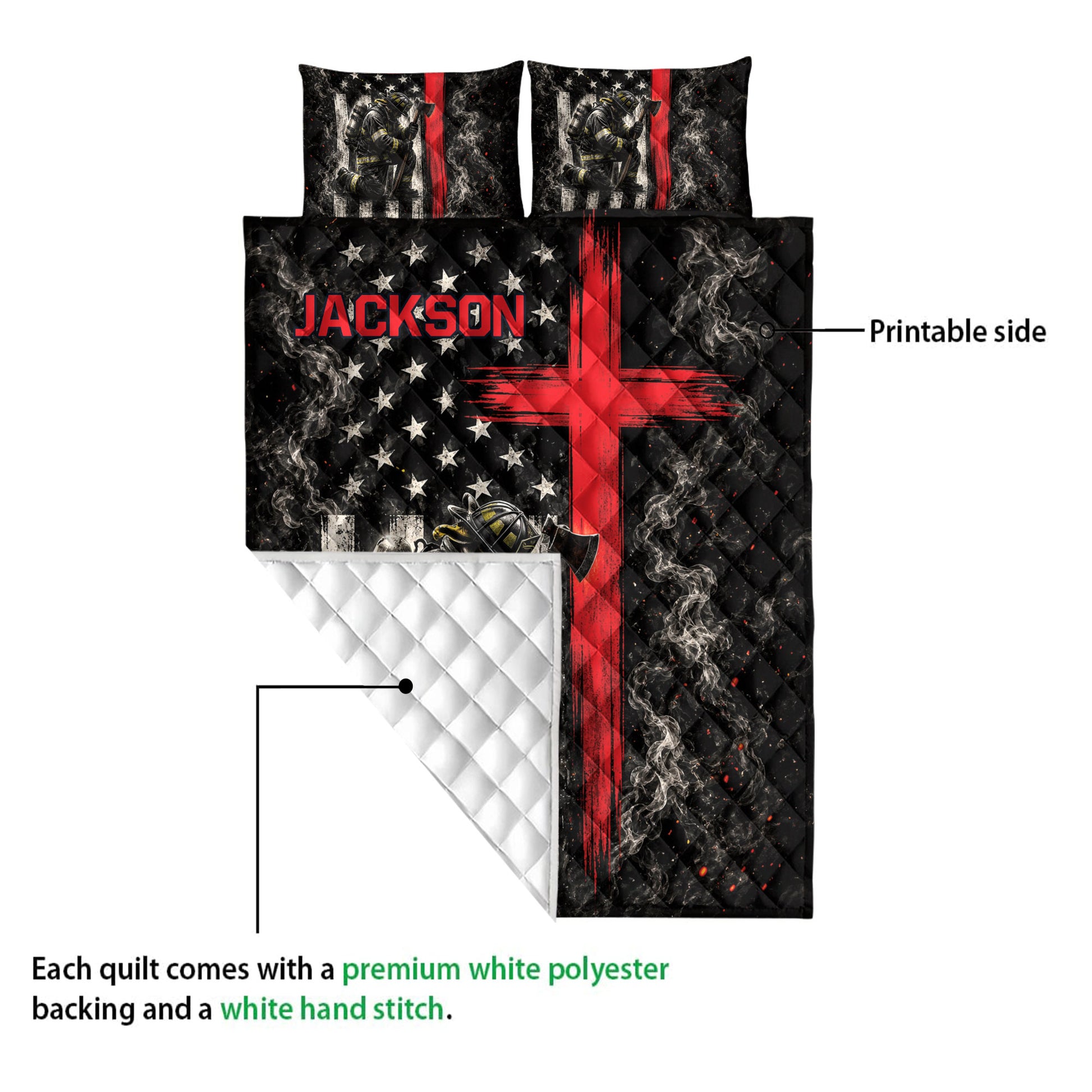 Firefighter quilt blanket detail showing the printed front artwork and white quilted backing