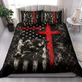 Firefighter quilt bedding styled in a bedroom with smoky first responder artwork and dramatic red accents