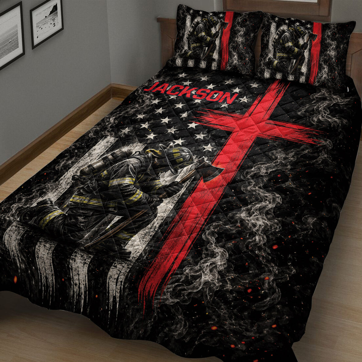Angled bedroom view of a firefighter quilt blanket featuring protective gear, smoke, stars, and red graphics