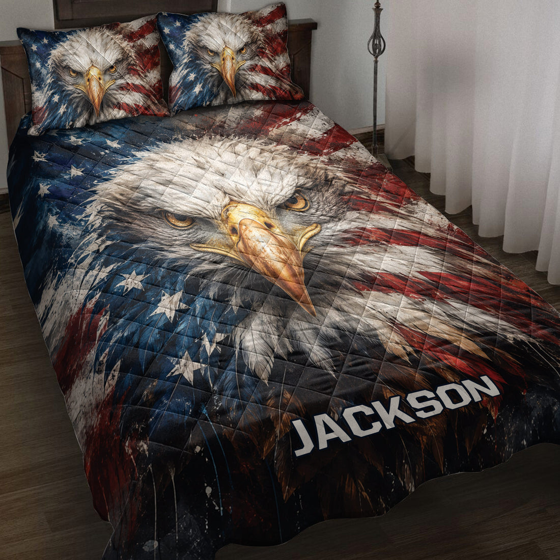 Eagle quilt bedding set displayed on a bed with patriotic red, white, and blue artwork