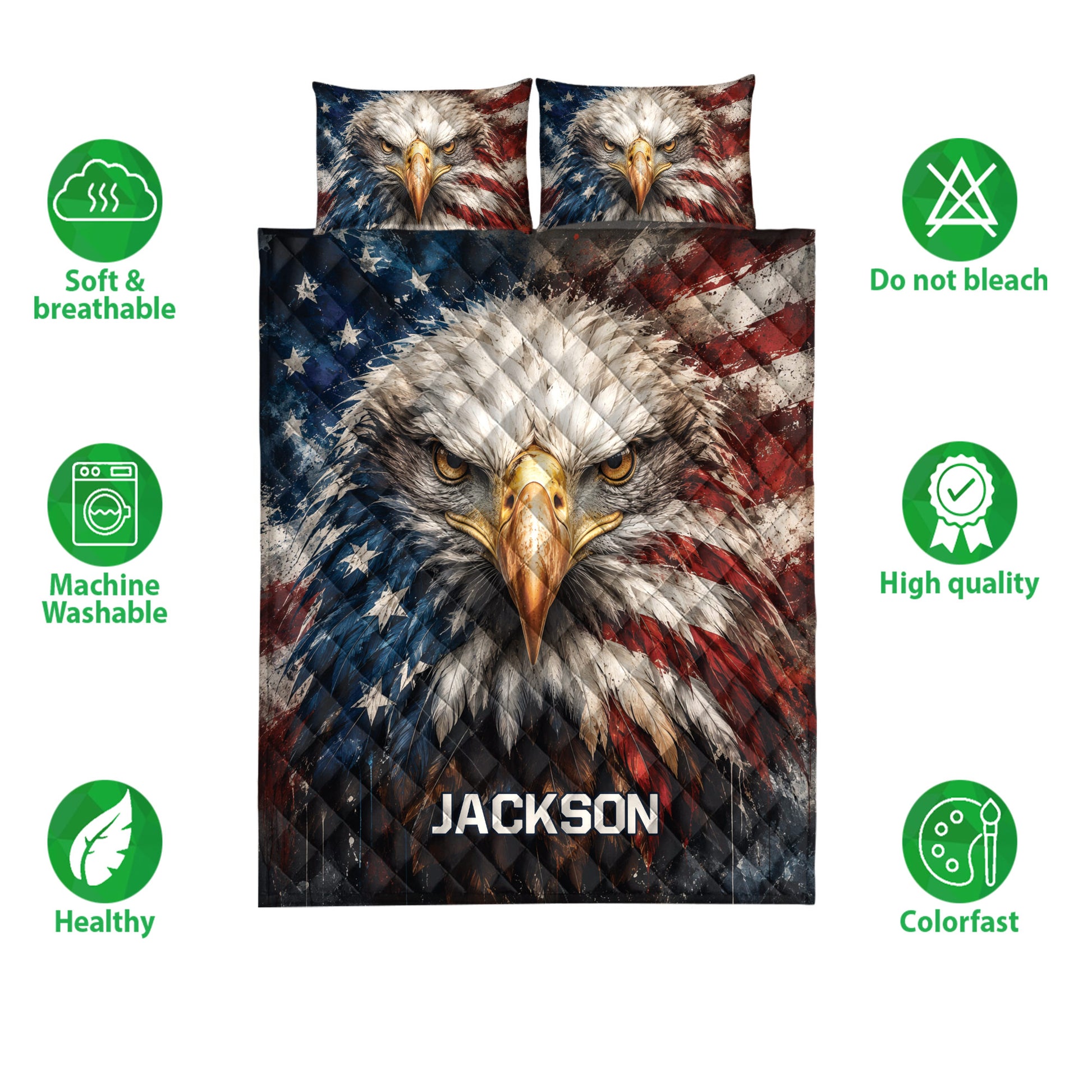 Eagle quilt bedding set with bold patriotic artwork shown alongside product feature icons