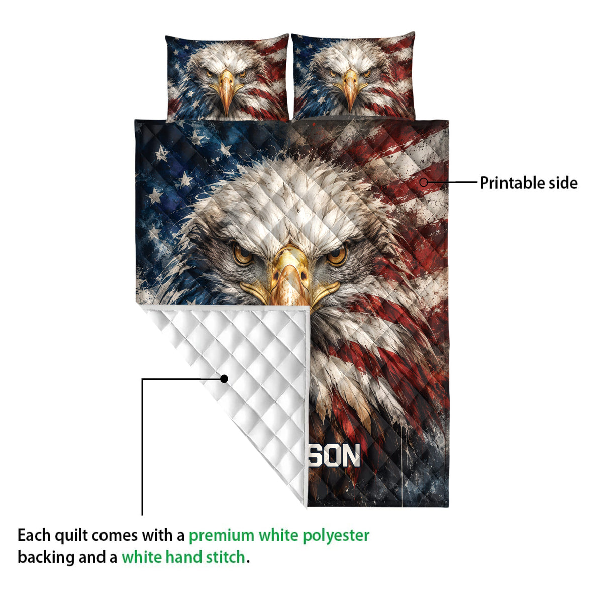 Eagle quilt shown with a printed patriotic face and white quilted backing detail