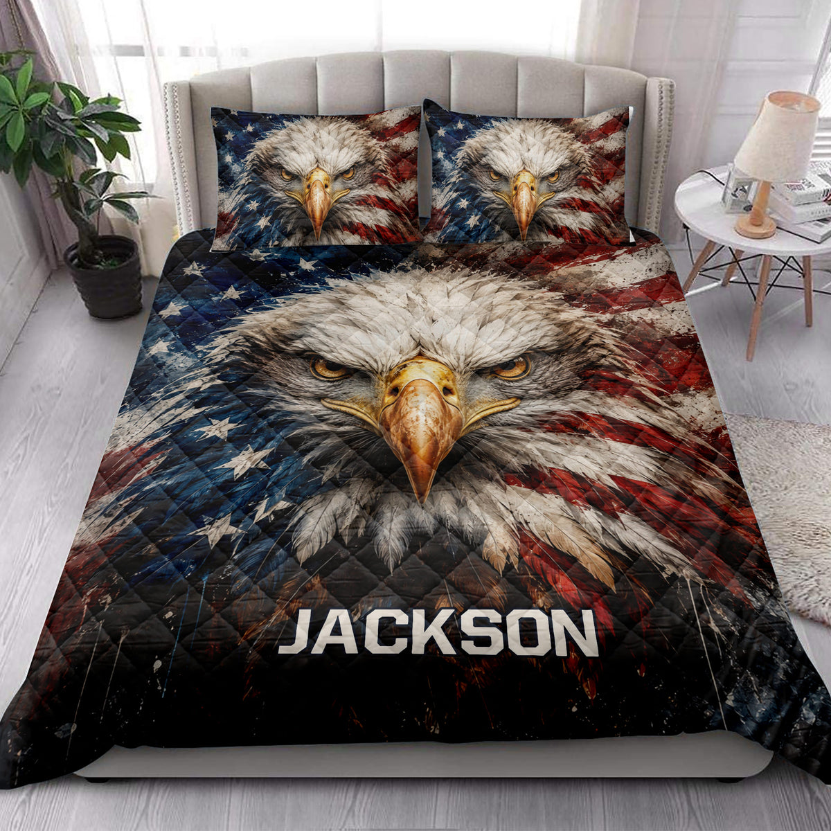 Patriotic eagle quilt bedding styled in a bright modern bedroom