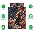 Patriotic eagle quilt bedding shown with soft breathable and care feature icons