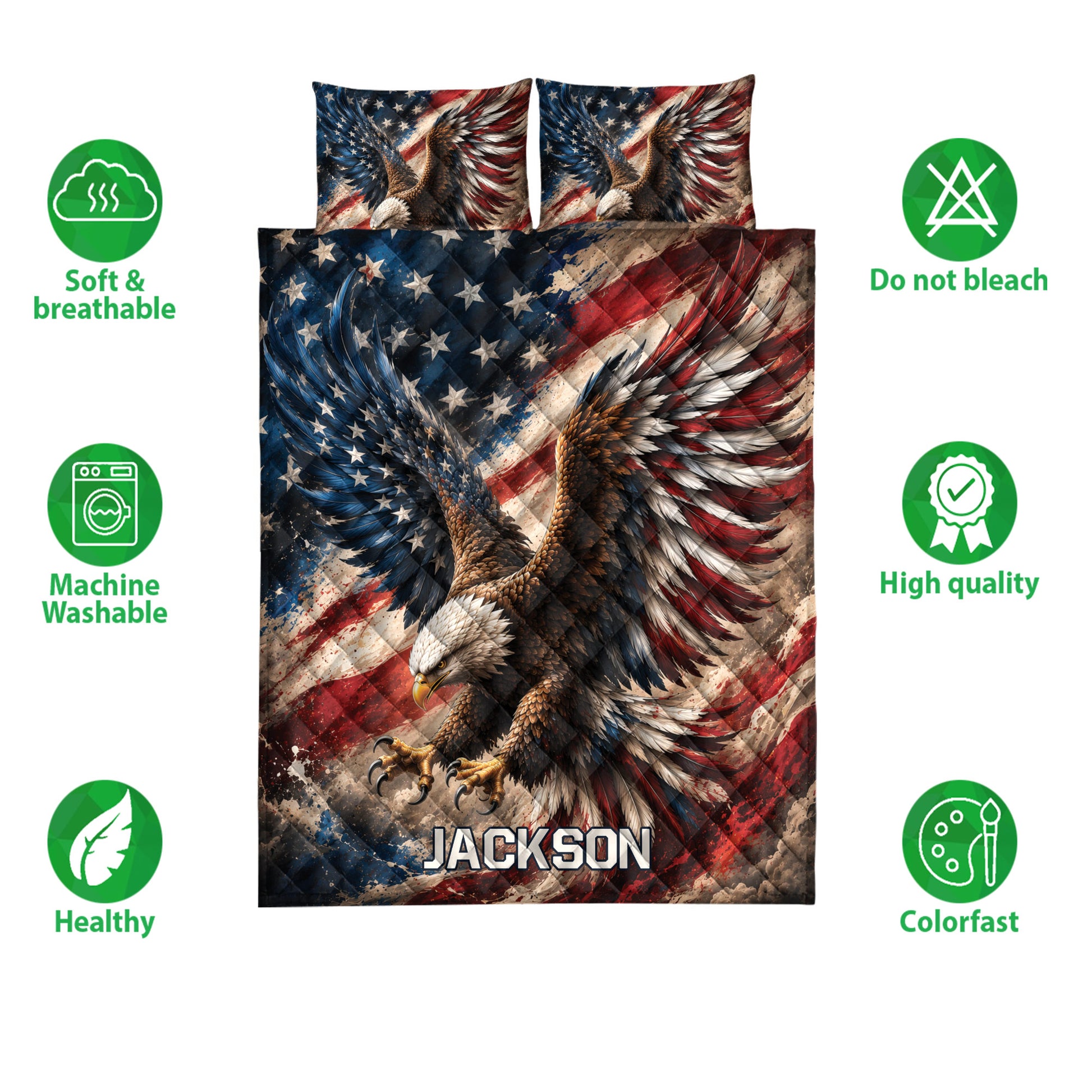Patriotic eagle quilt bedding shown with soft breathable and care feature icons