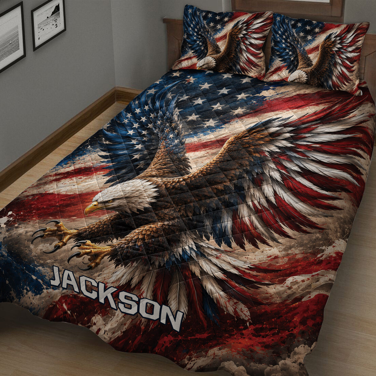 Close bedroom view of an eagle quilt blanket with dramatic patriotic wing details
