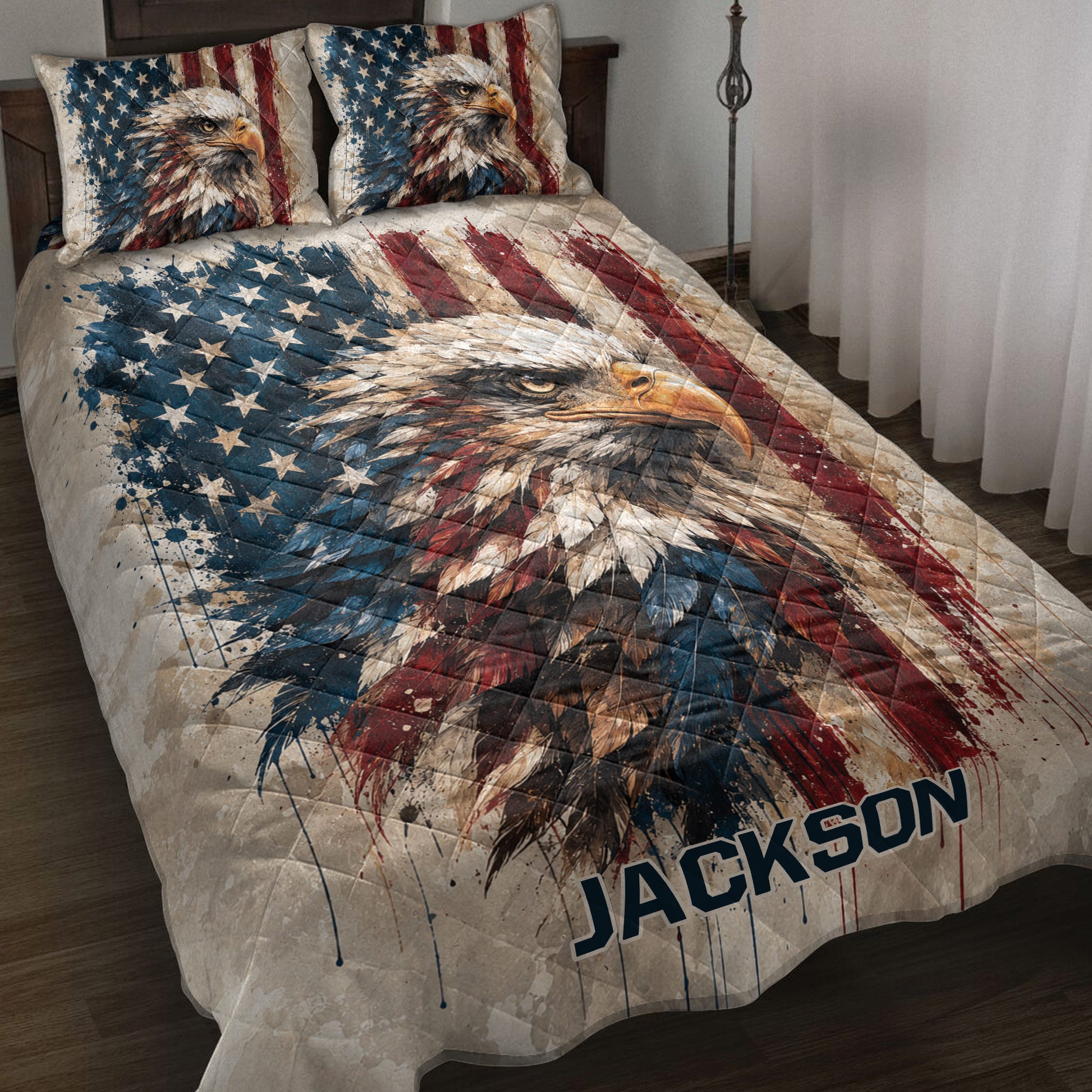 Eagle quilt blanket bedding set displayed on a bed with patriotic stars and red, white, and blue artwork