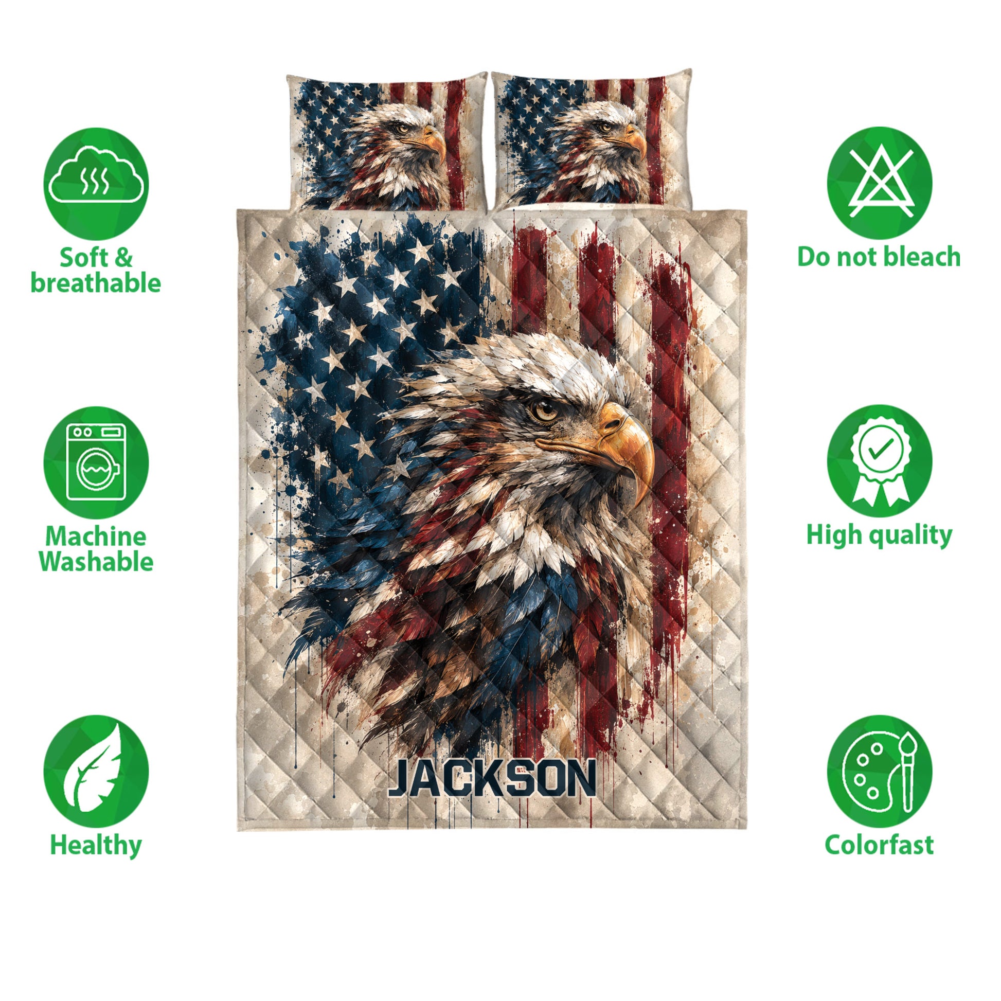 Eagle quilt bedding set shown with patriotic artwork alongside care and quality feature icons