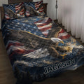 Eagle quilt bedding set displayed on a bed with American flag artwork, mountains, and soaring bald eagles