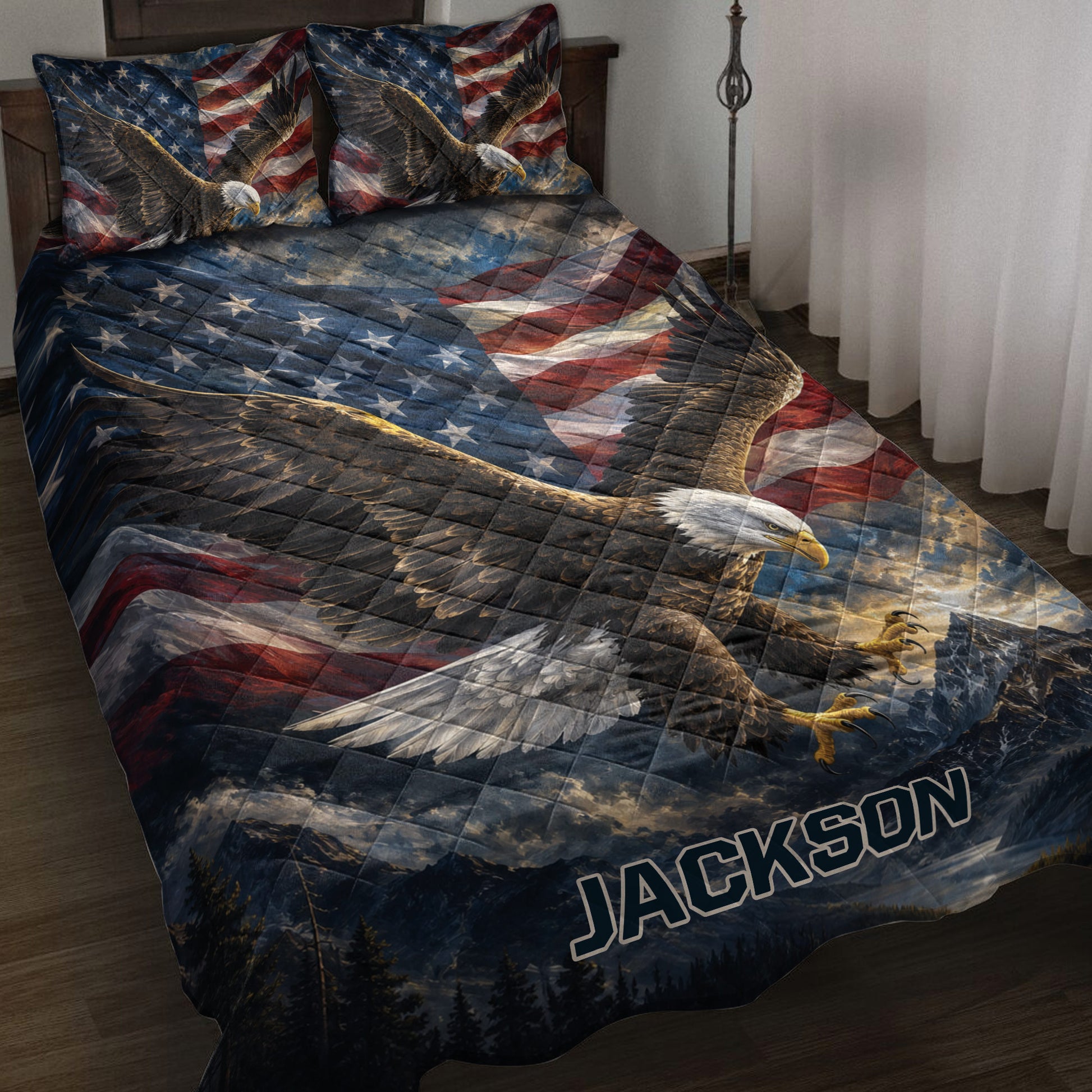 Eagle quilt bedding set displayed on a bed with American flag artwork, mountains, and soaring bald eagles