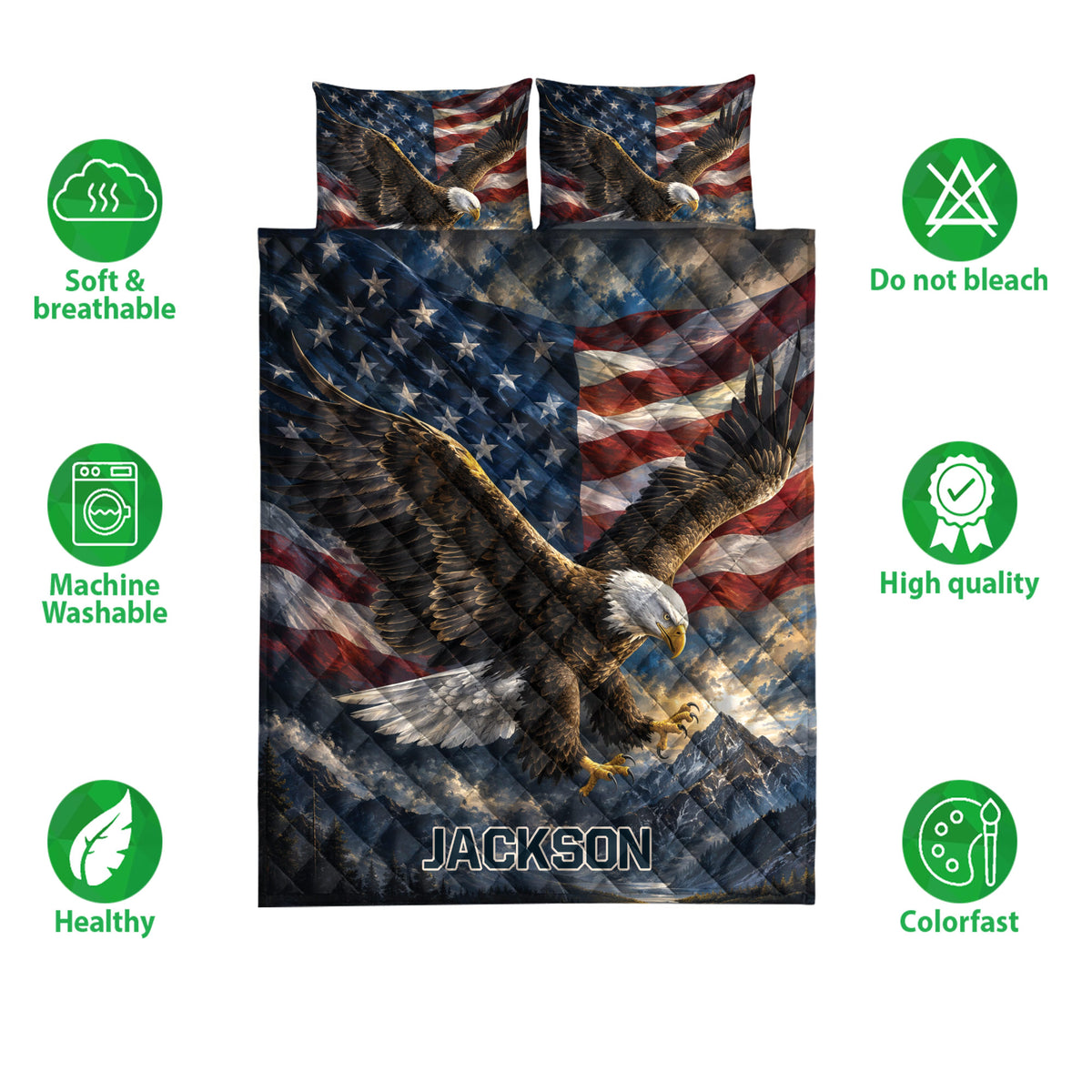 Eagle quilt bed set shown with coordinating pillow surfaces and feature icons for breathable, washable bedding