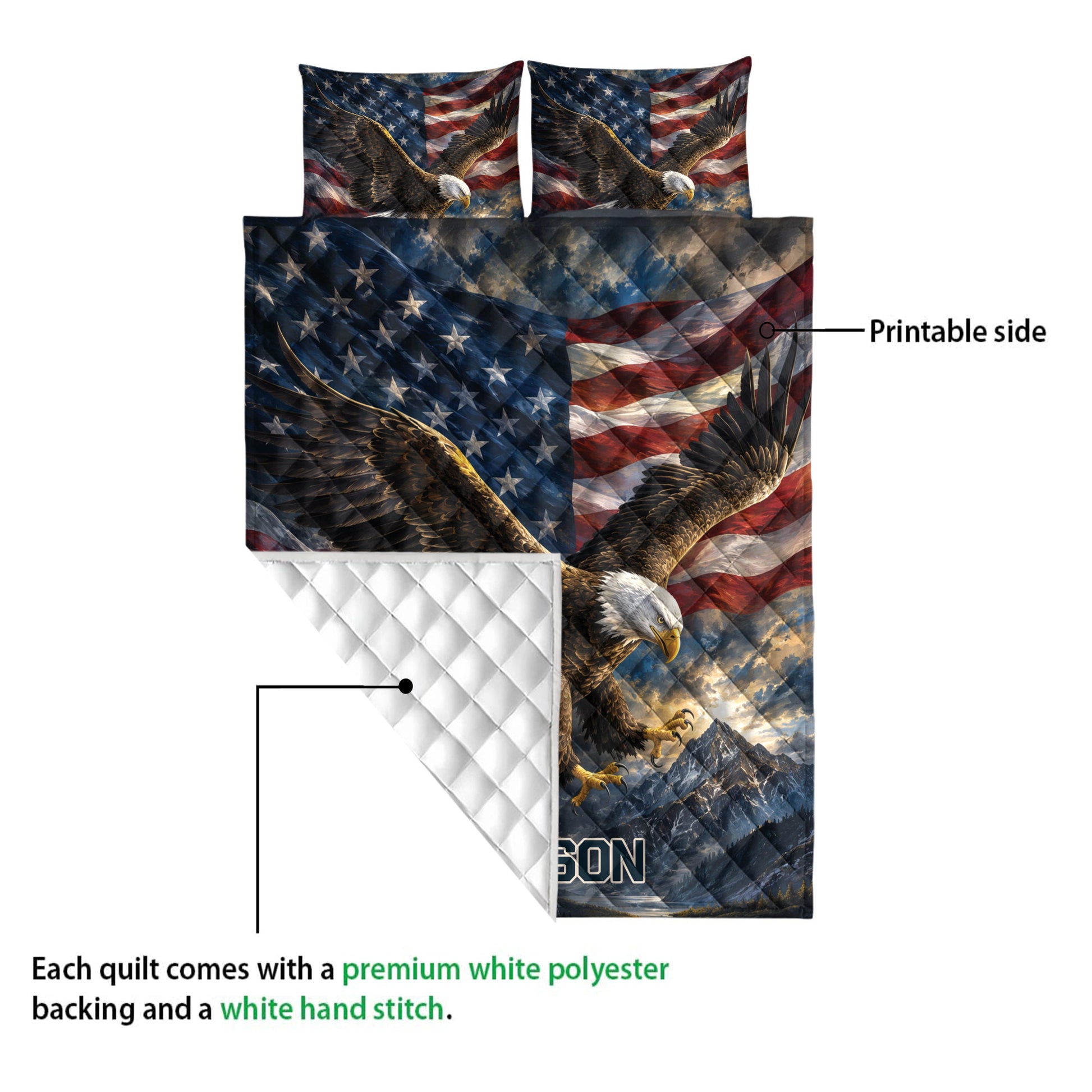 Eagle quilt blanket shown with a printed front design and white quilted polyester backing