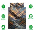 Eagle quilt bedding set shown with mountain scenery, forest artwork, and feature icons