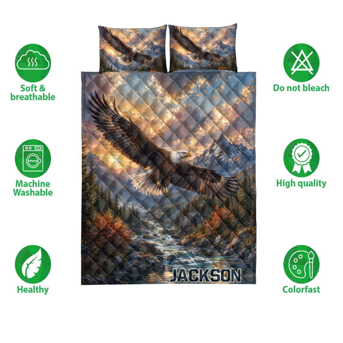 Eagle quilt bedding set shown with mountain scenery, forest artwork, and feature icons