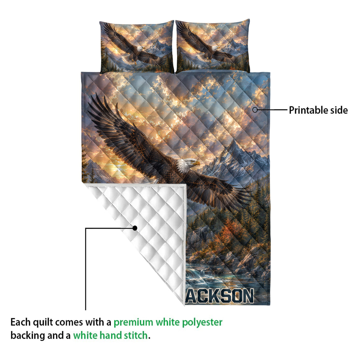 Eagle quilt showing a printed mountain wilderness design and white quilted backing