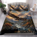 Eagle quilt blanket styled on a bedroom bed with flying eagle and mountain river artwork
