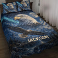 Eagle quilt blanket bedding set displayed on a bed with moonlit mountains and flying eagle artwork
