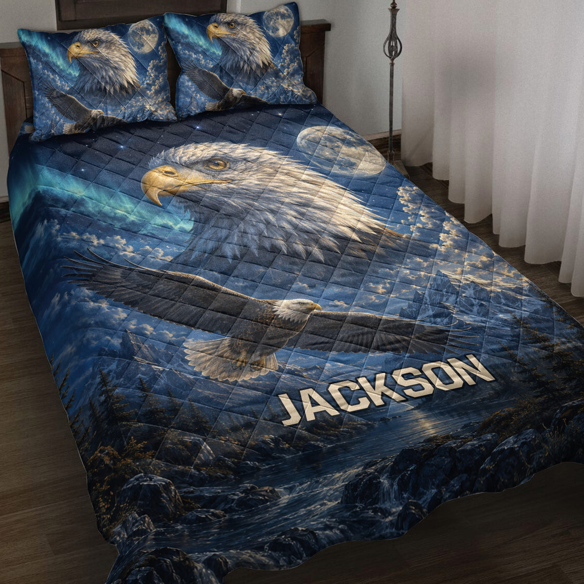 Eagle quilt blanket bedding set displayed on a bed with moonlit mountains and flying eagle artwork
