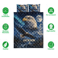 Eagle quilt bedding set shown with bold wildlife artwork, breathable design icons and deep blue colors