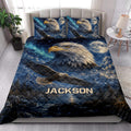 Eagle quilt bedding set styled in a bright bedroom with dramatic mountain and night sky artwork