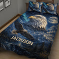 Close view of eagle quilt blanket bedding with soaring eagle artwork, moonlit sky and mountain scenery
