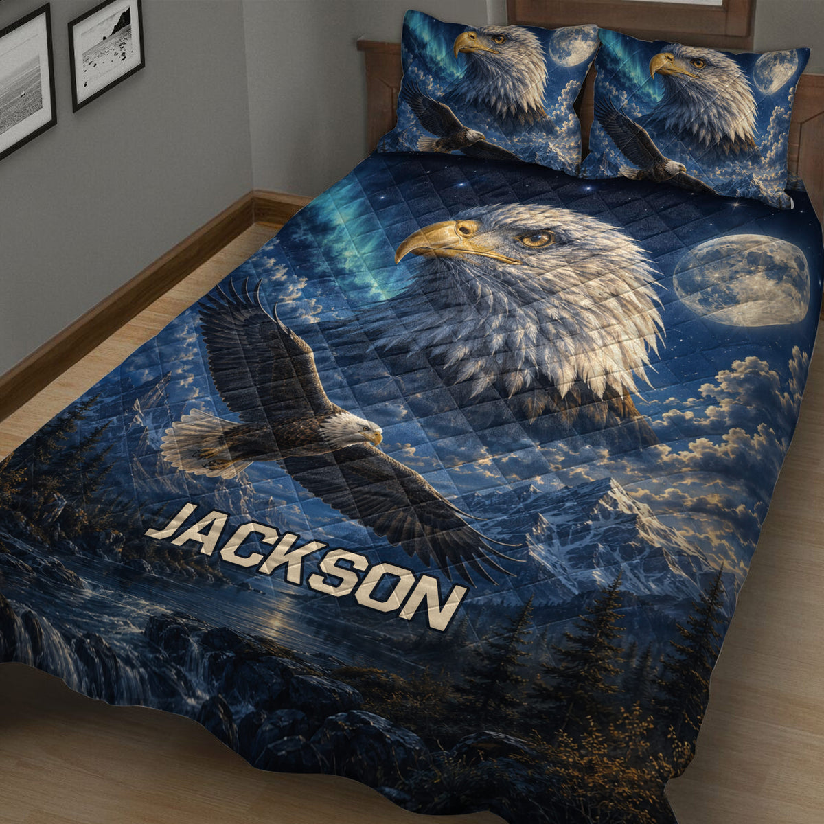 Close view of eagle quilt blanket bedding with soaring eagle artwork, moonlit sky and mountain scenery