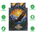 Eagle quilt bedding set with matching pillowcases, mountain landscape artwork, and feature icons