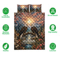 Eagle quilt bedding set shown with matching pillowcase options and soft, breathable product feature icons