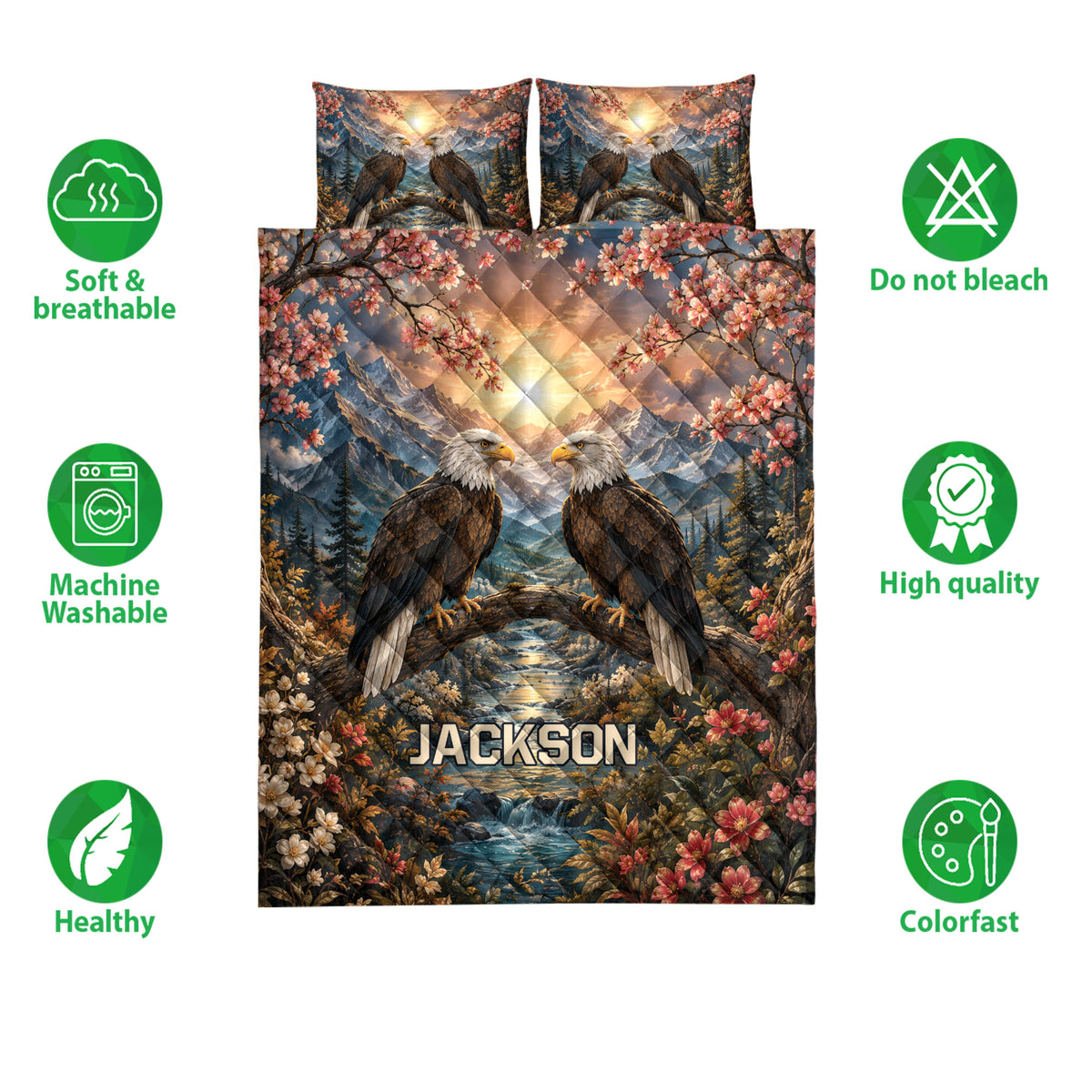 Eagle quilt bedding set shown with matching pillowcase options and soft, breathable product feature icons