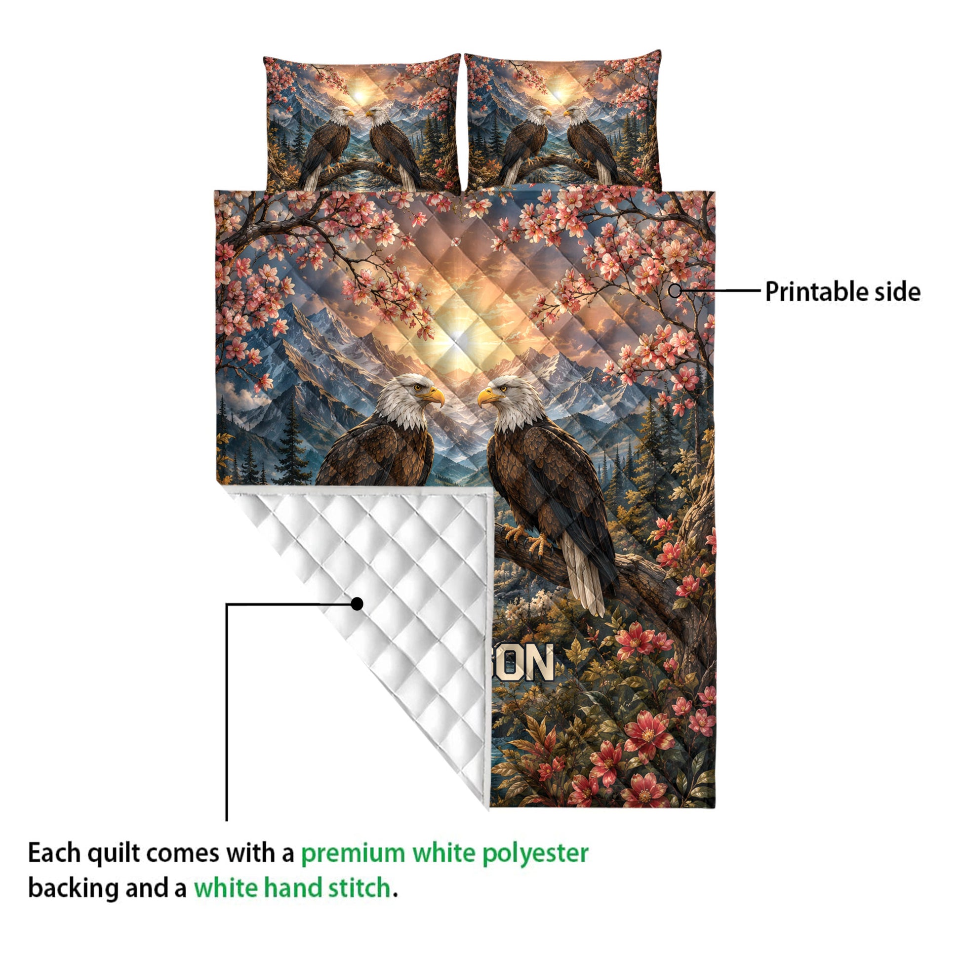 Eagle quilt bedding set detail showing the printed front design and quilted white backing