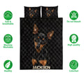 Miniature Pinscher quilt bedding set displayed with matching dog artwork and product feature icons