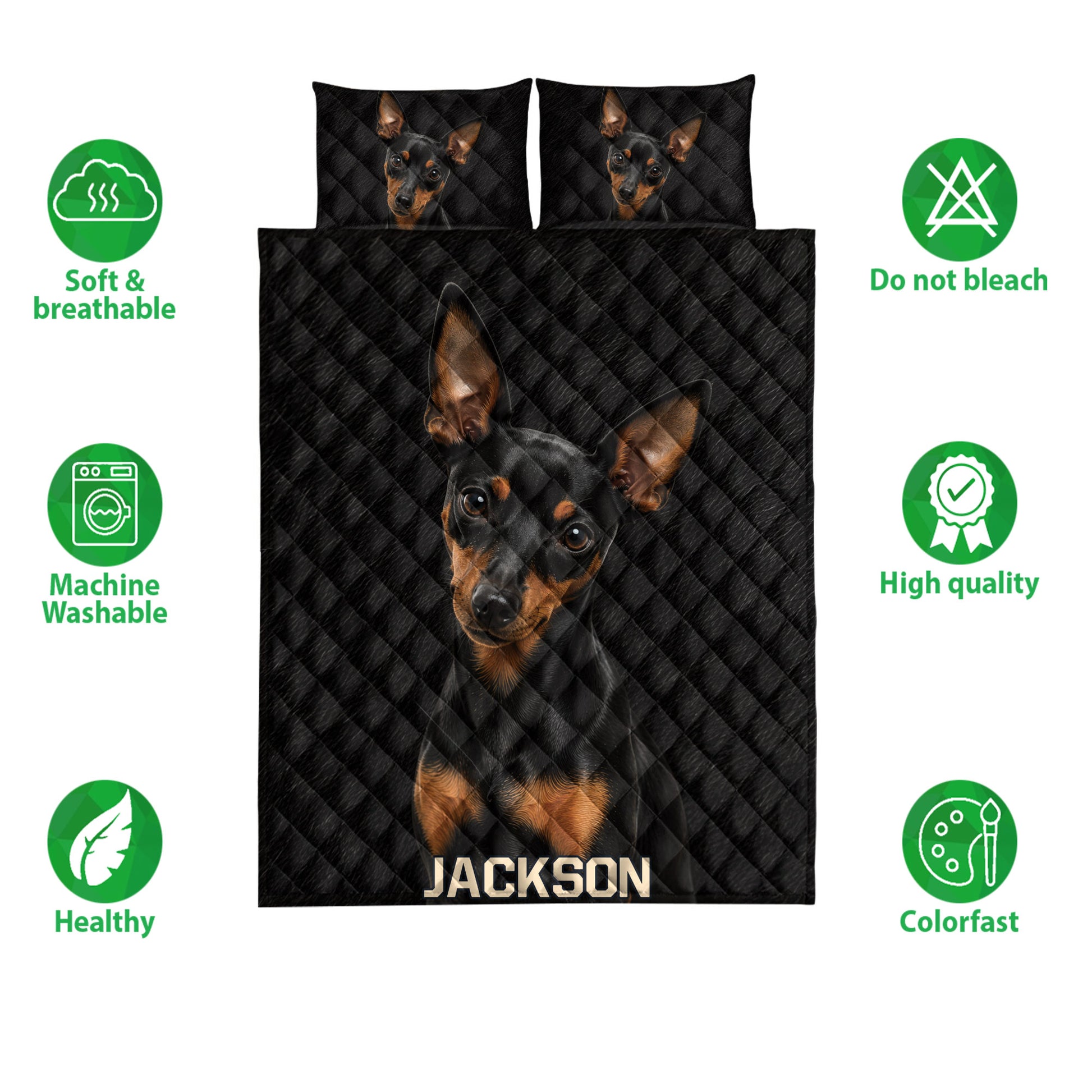 Miniature Pinscher quilt bedding set displayed with matching dog artwork and product feature icons