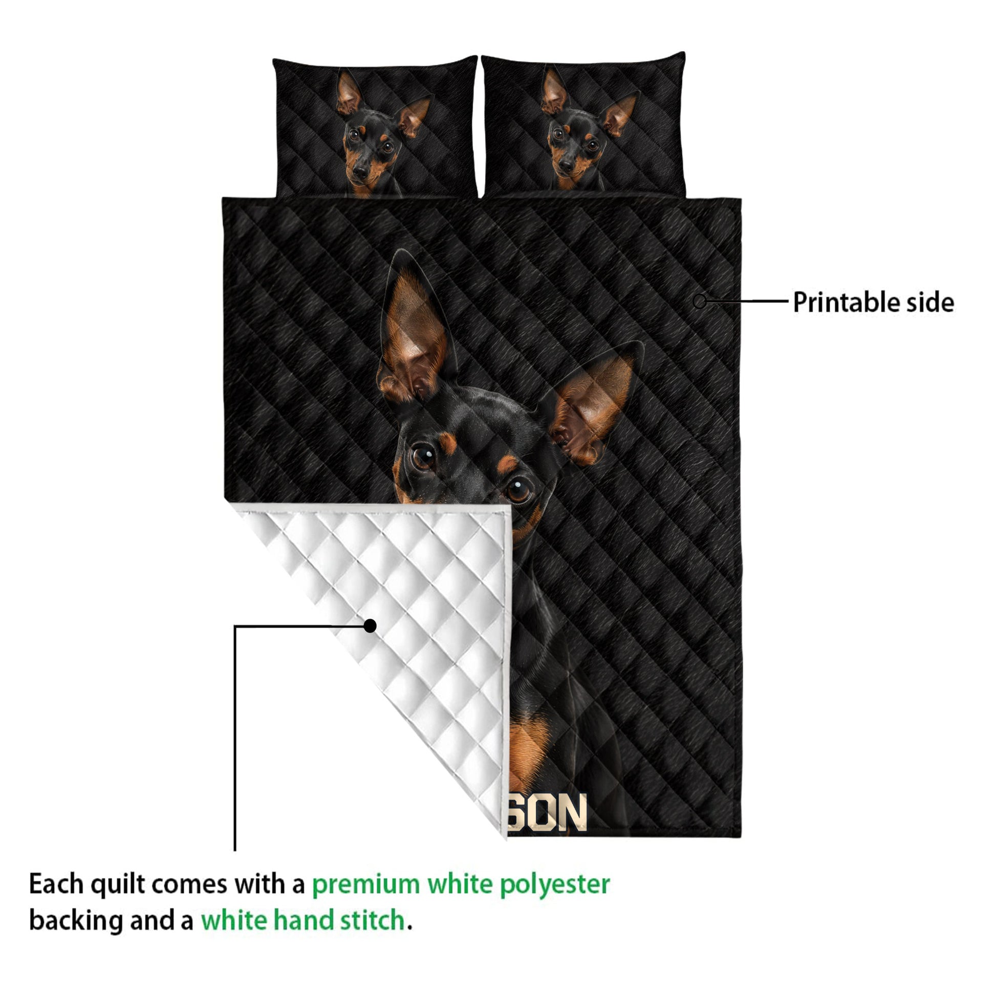 Miniature Pinscher quilt showing the printed front and white quilted backing detail