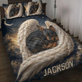 Miniature Pinscher quilt blanket on a bed with angel wings, stars, moon, and dark celestial artwork