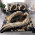 Miniature Pinscher quilt blanket styled in a bright bedroom with angel wings and starry night artwork
