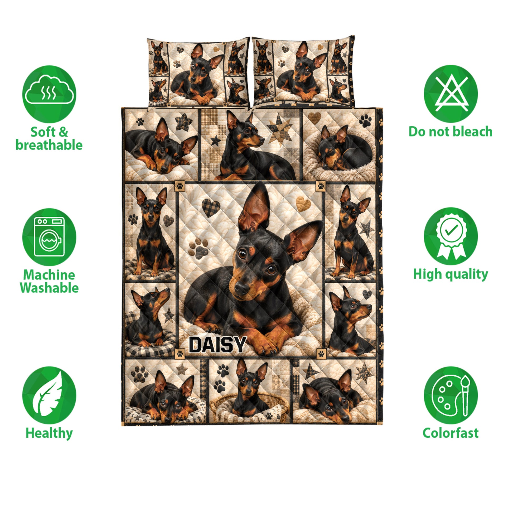 Miniature Pinscher quilt bedding design shown with repeated dog portraits, paw prints, hearts, and star accents