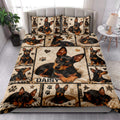 Miniature Pinscher quilt bedding set styled in a bright bedroom with matching dog portrait panels
