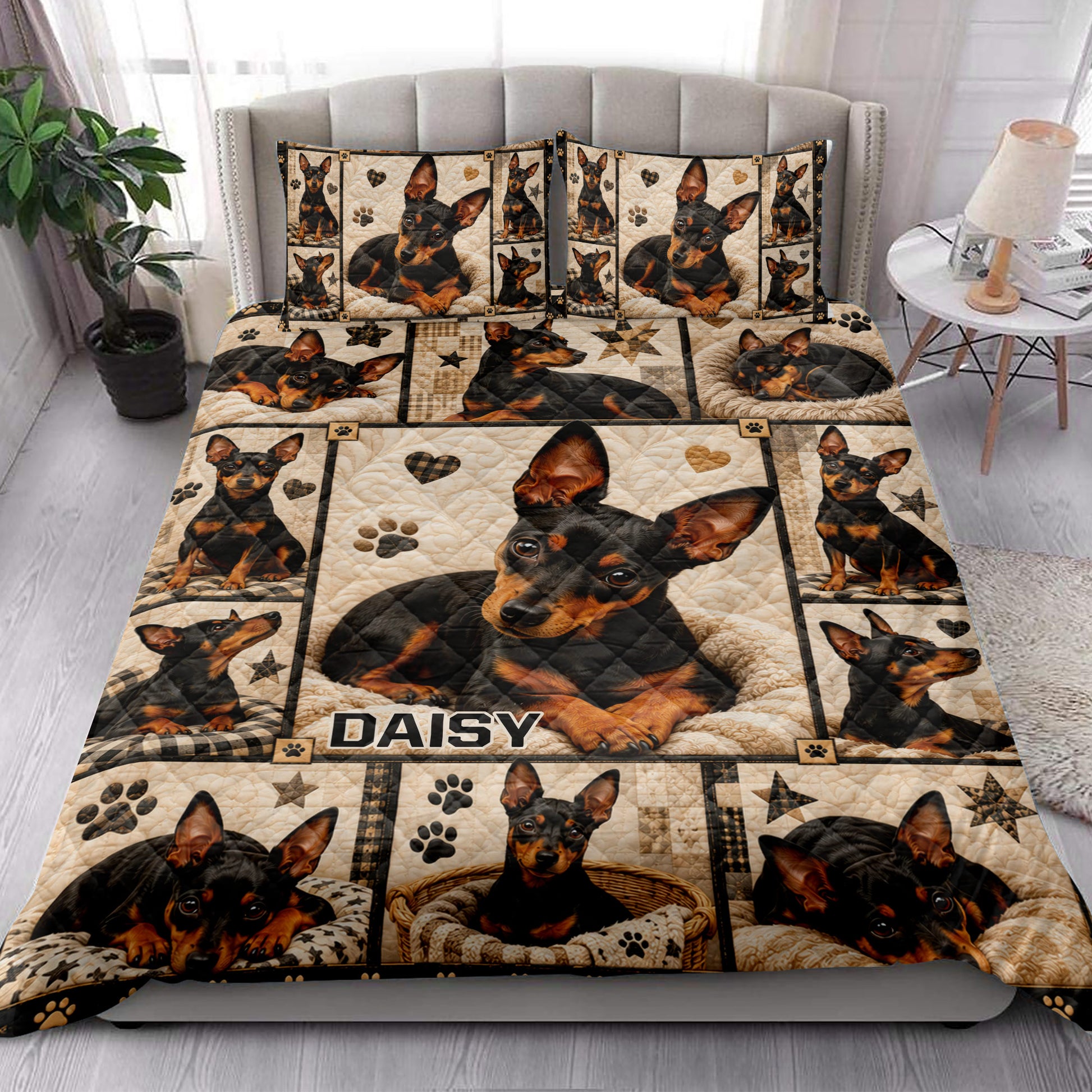 Miniature Pinscher quilt bedding set styled in a bright bedroom with matching dog portrait panels