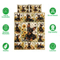 Miniature Pinscher quilt bedding set shown with sunflower artwork, paw prints, and product feature icons