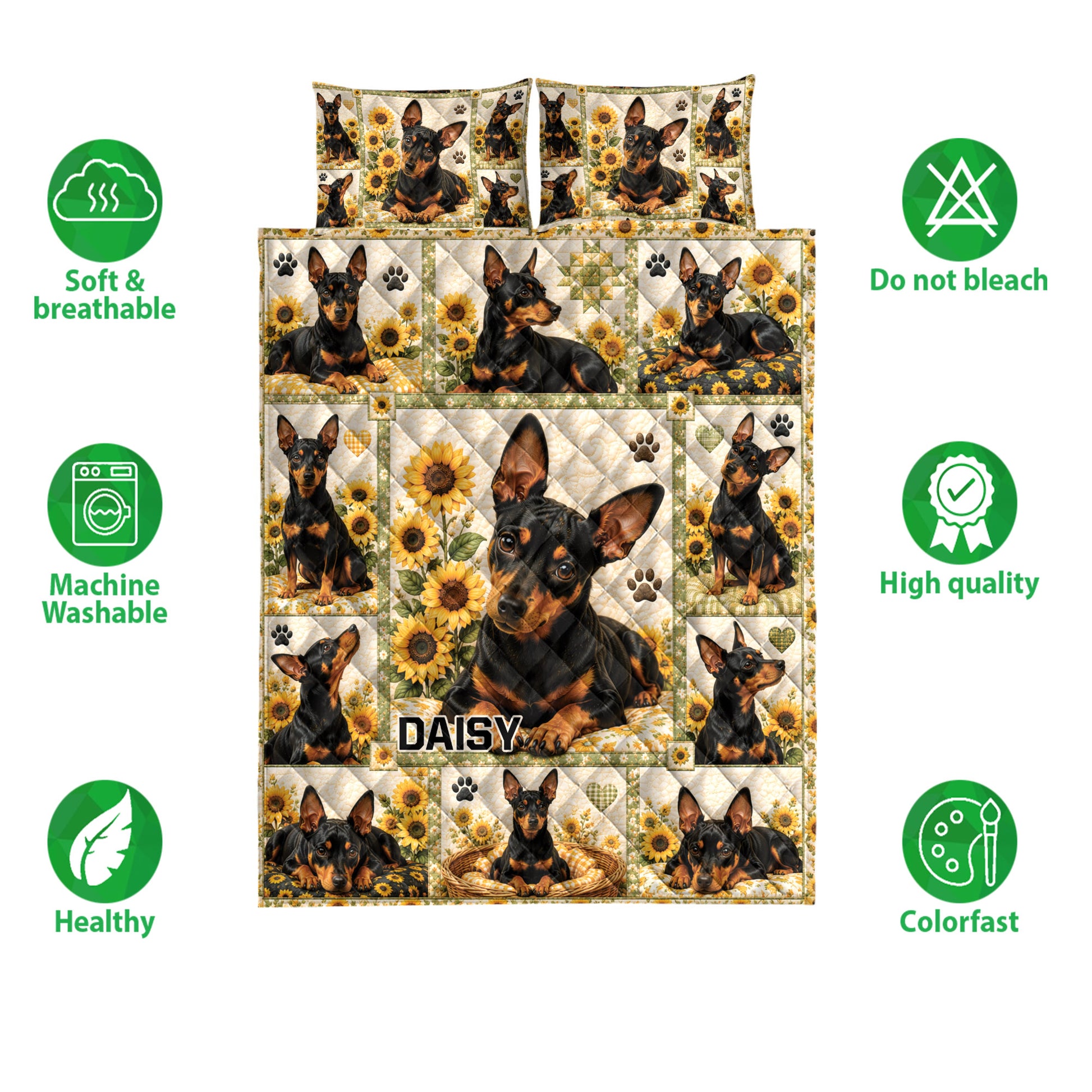 Miniature Pinscher quilt bedding set shown with sunflower artwork, paw prints, and product feature icons