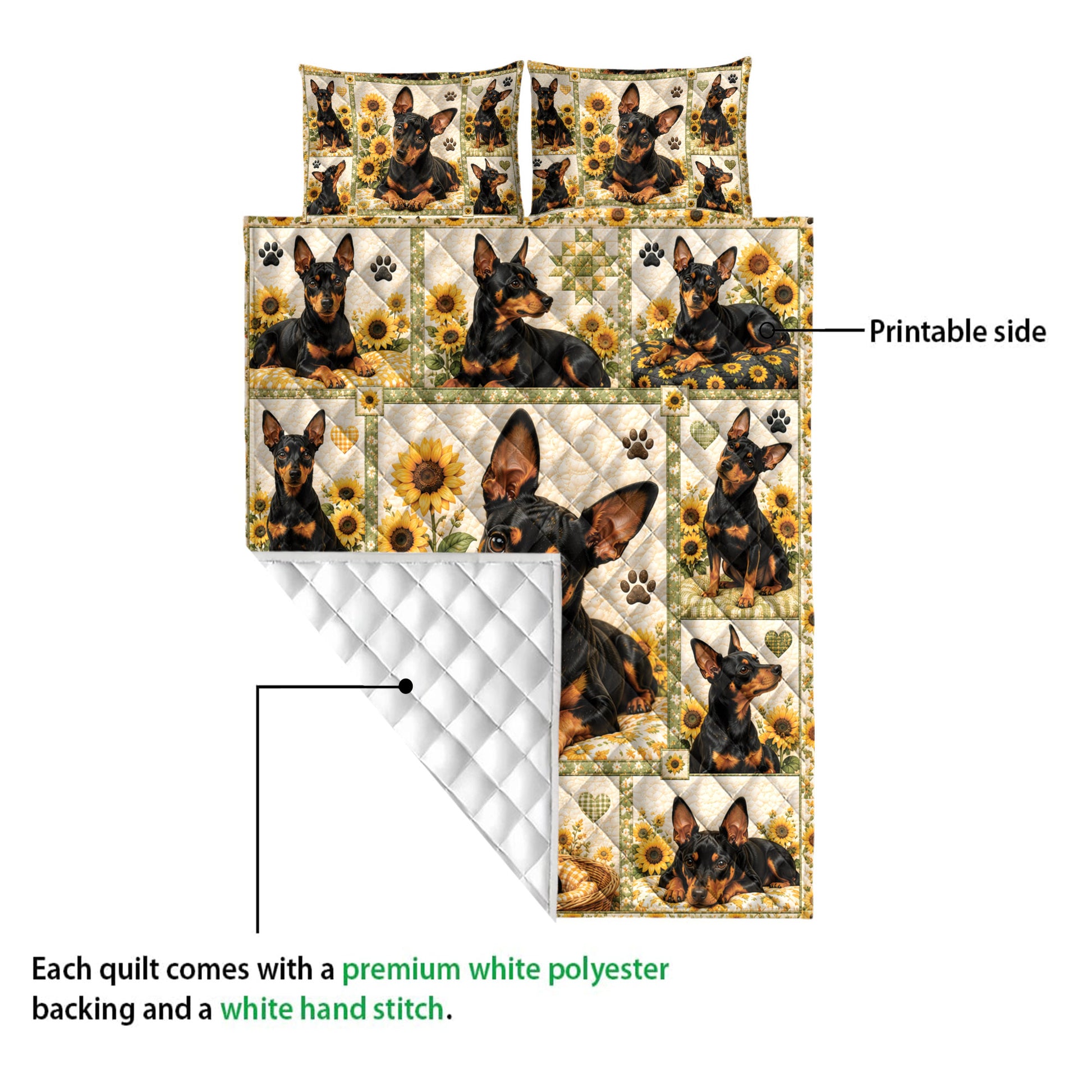Miniature Pinscher quilt showing a colorful printed front and white quilted backing detail