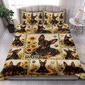 Miniature Pinscher quilt blanket styled in a bright bedroom with sunflower and paw print artwork