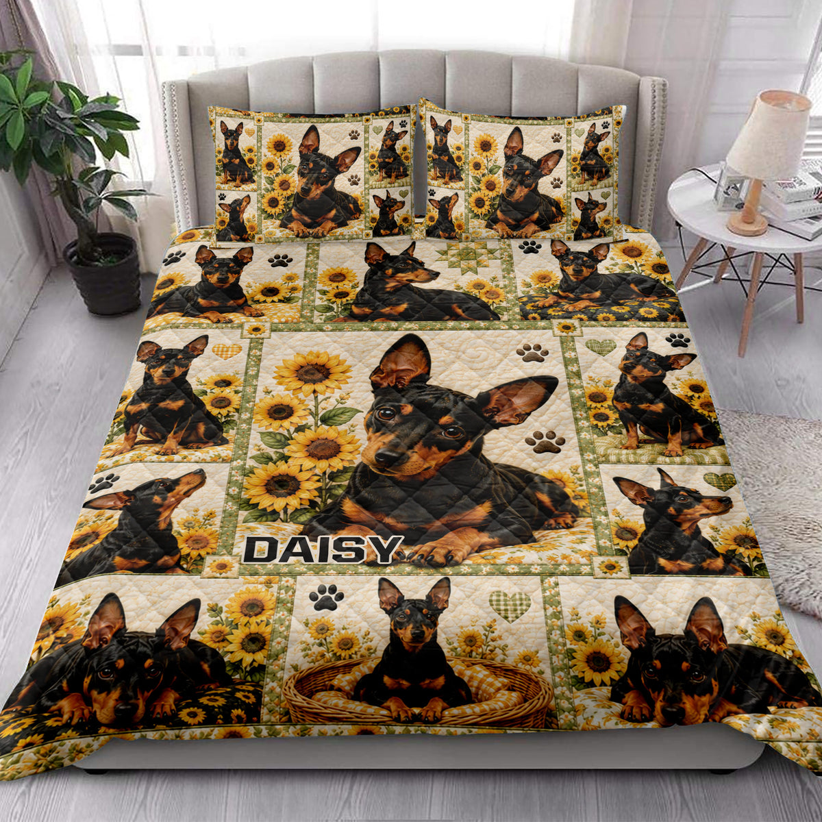 Miniature Pinscher quilt blanket styled in a bright bedroom with sunflower and paw print artwork