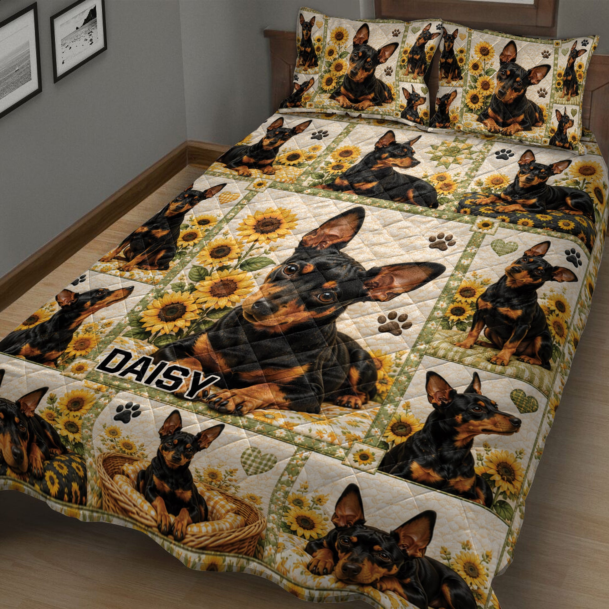 Miniature Pinscher quilt bedding displayed at an angle with repeated dog portraits and sunflower panels