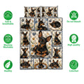 Miniature Pinscher quilt bedding set shown with repeated dog portraits, floral panels, and feature icons