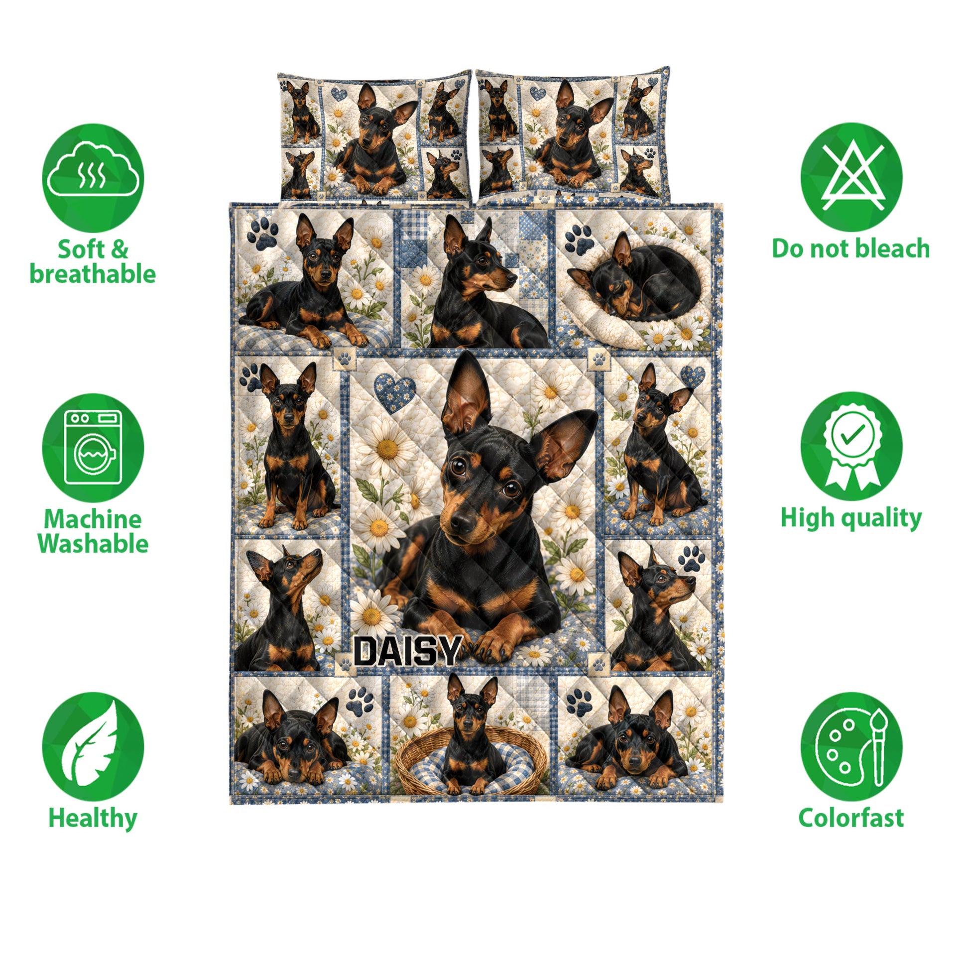 Miniature Pinscher quilt bedding set shown with repeated dog portraits, floral panels, and feature icons