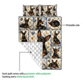 Miniature Pinscher quilt showing the printed front and white quilted backing in a construction detail view