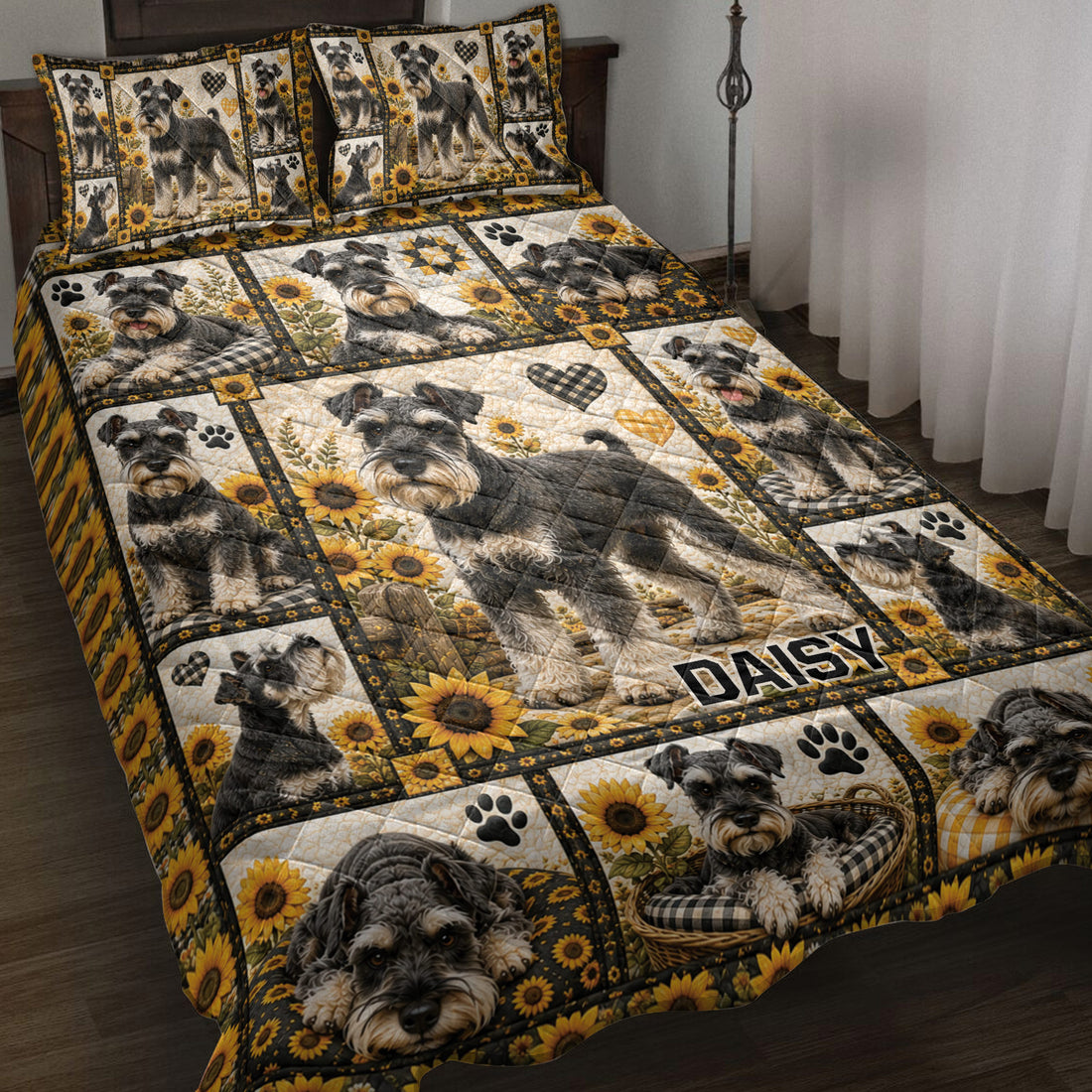 Miniature Schnauzer quilt blanket with sunflower panels, paw prints, hearts and a cozy bedroom display