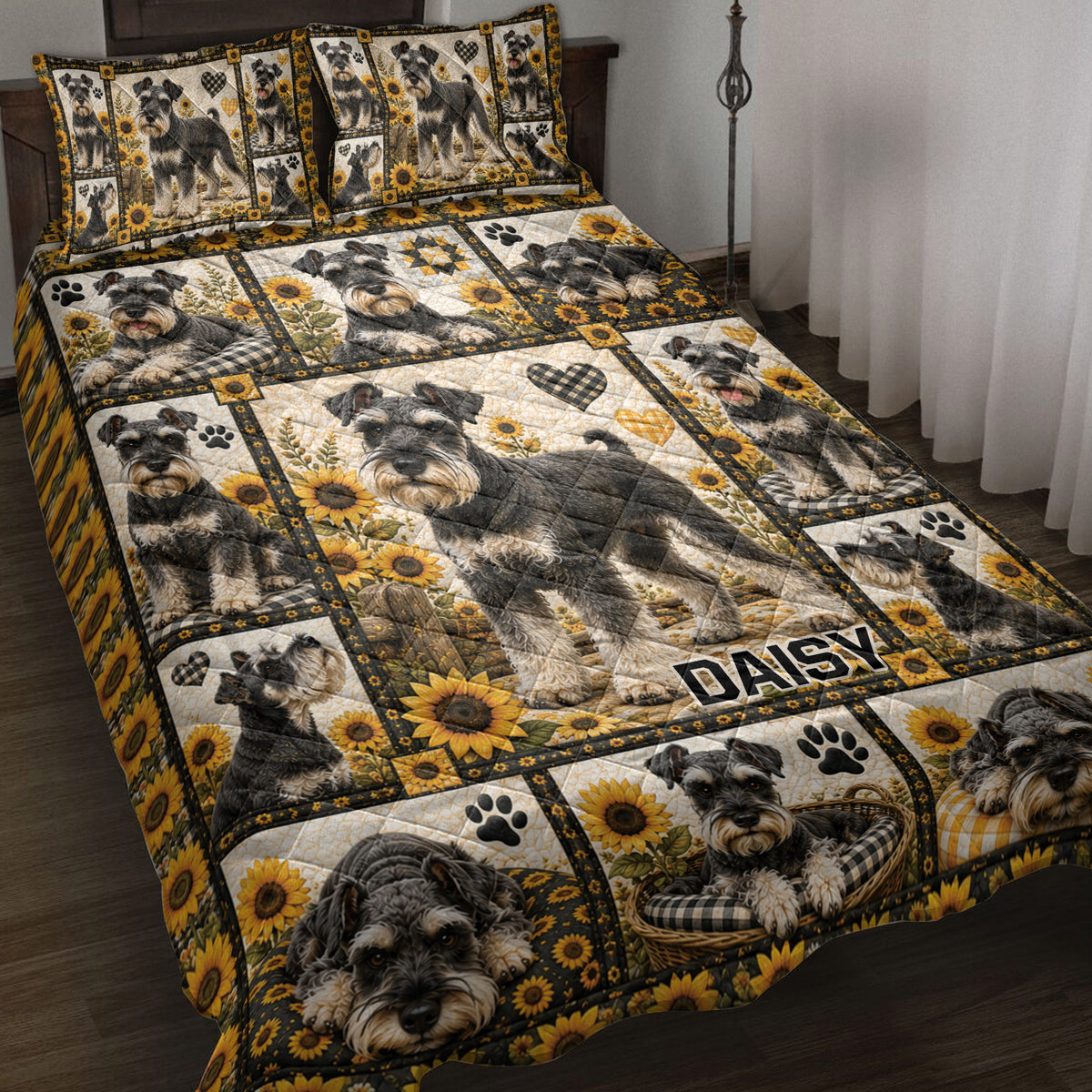 Miniature Schnauzer quilt blanket with sunflower panels, paw prints, hearts and a cozy bedroom display